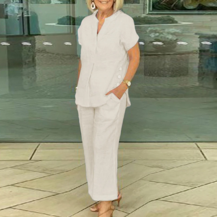 V-Neck Button-Off Casual Cotton And Linen Two-Piece Set