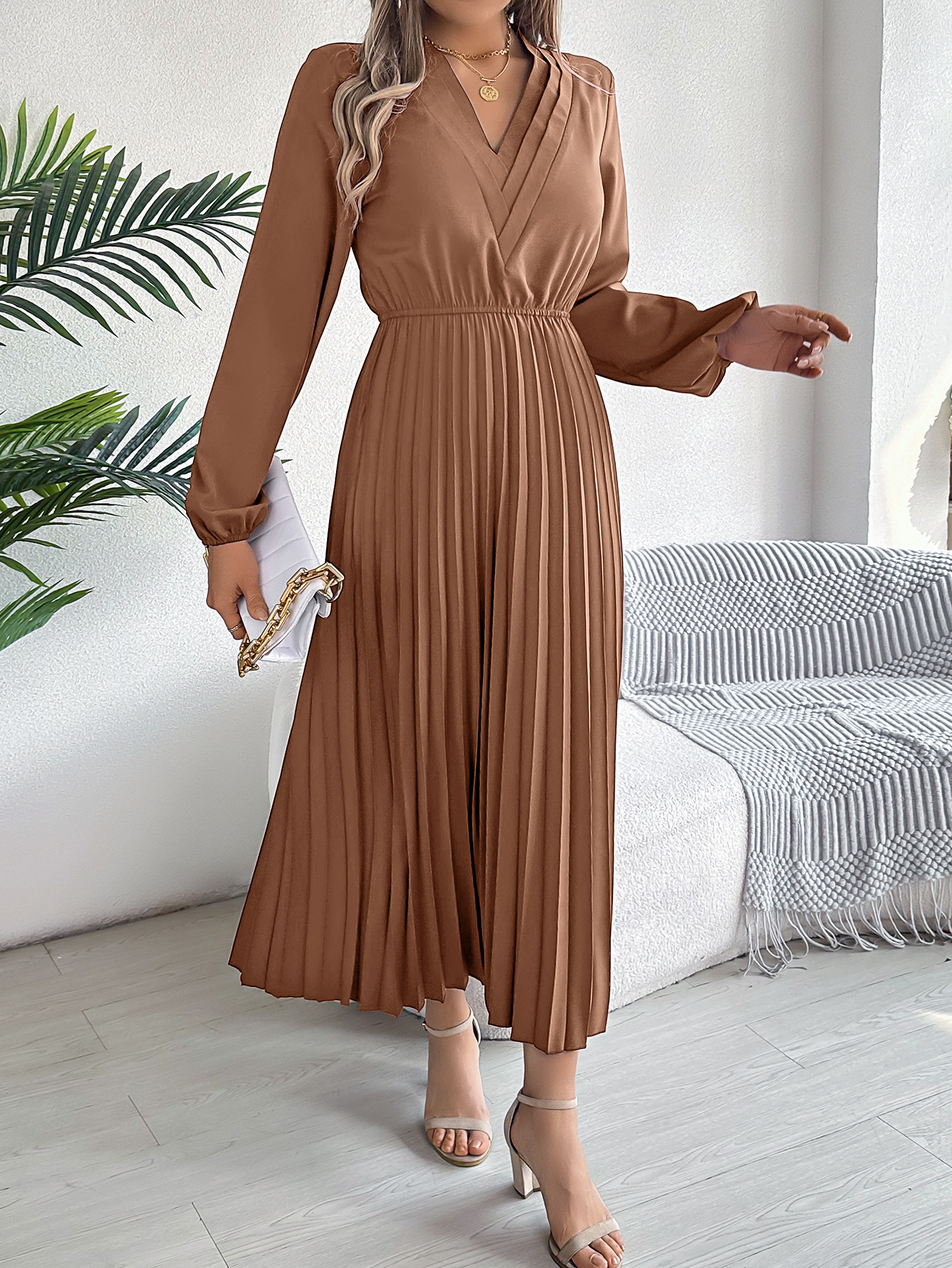 🎄Christmas Clearance Elegant triple V-neck long sleeve pleated long sleeve