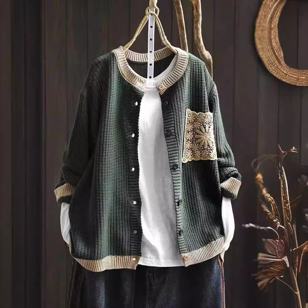 Turtleneck three-dimensional diamond Lace pockets knitted cardigan