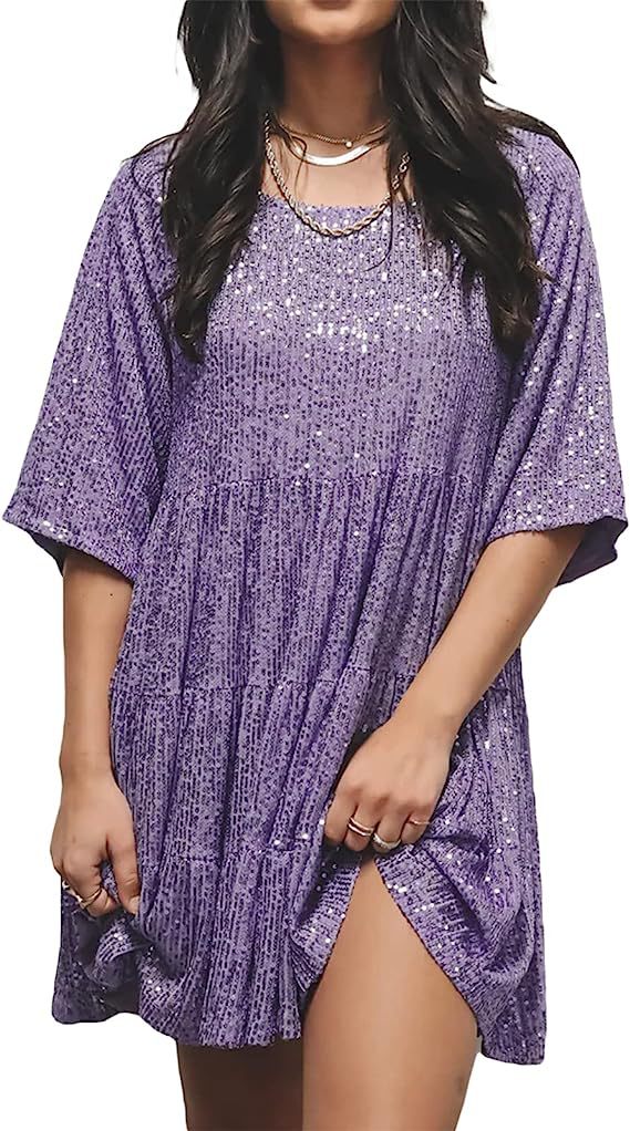 🎄Christmas Sale🔥Round neck sequined loose short-sleeved dress