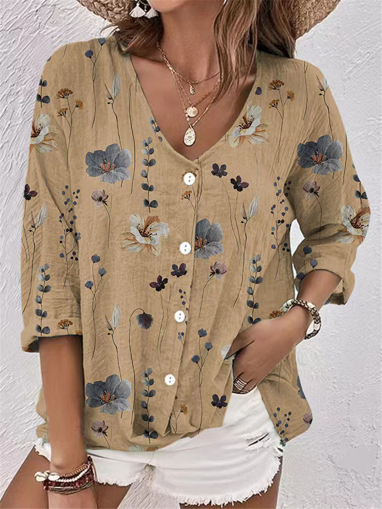 V-neck button-down chiffon printed long-sleeved cardigan