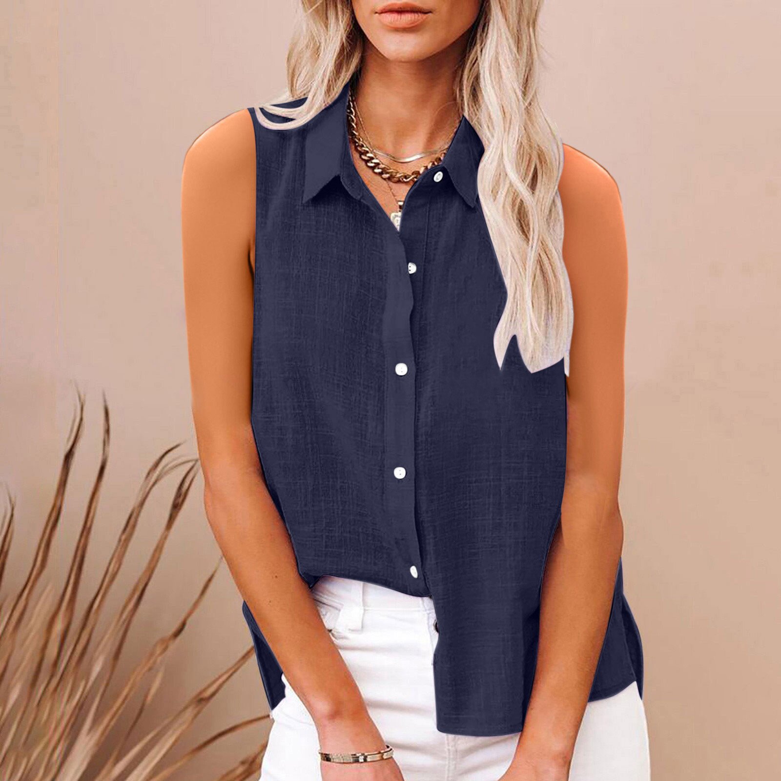 Cotton and Linen Button-Down Sleeveless Shirt