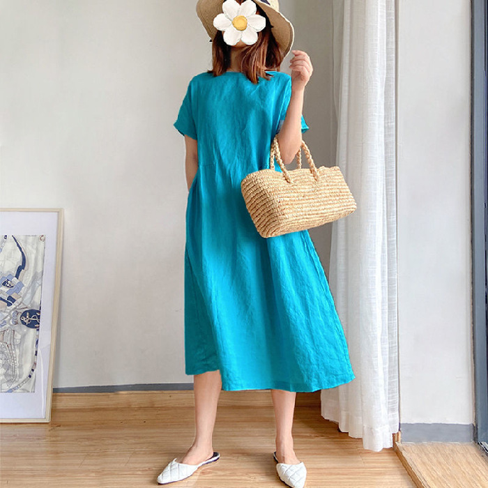 Solid Color Cotton Linen Loose Mid-Length Dress