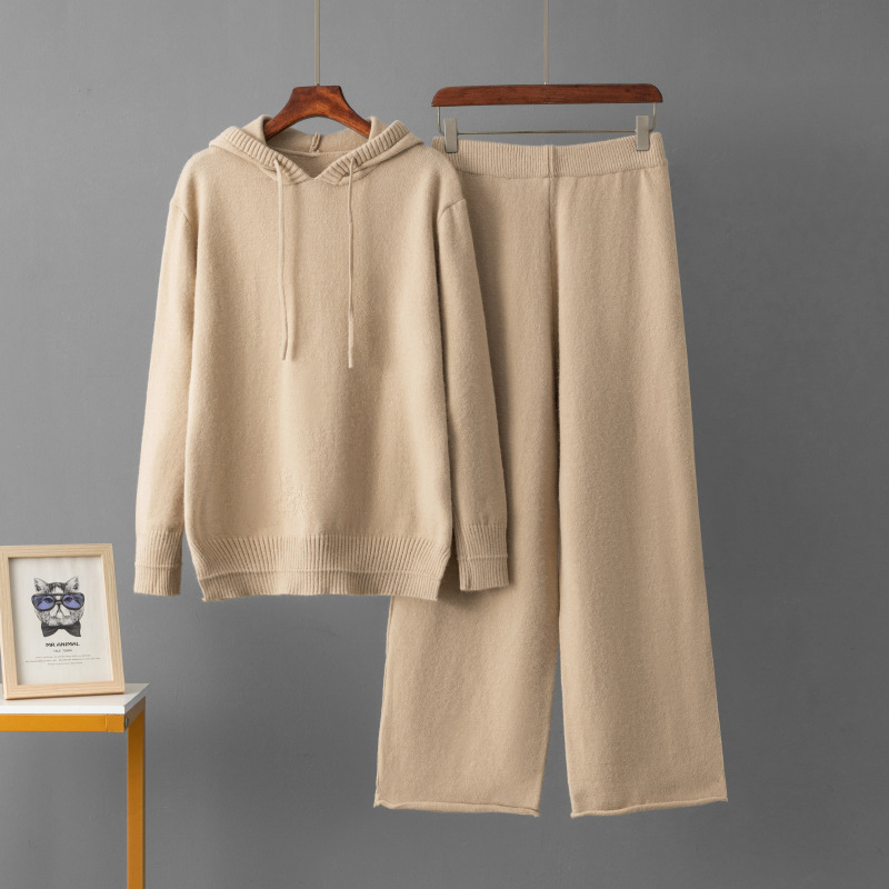 2025 Loose-fitting Casual Hooded Thick Wool Straight Wide-leg Two-piece set