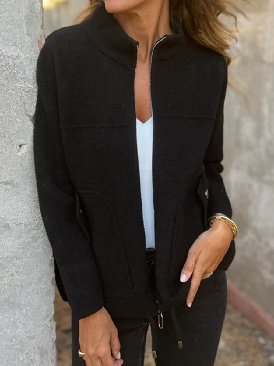 Casual zip-up woolen drawstring pocket jacket