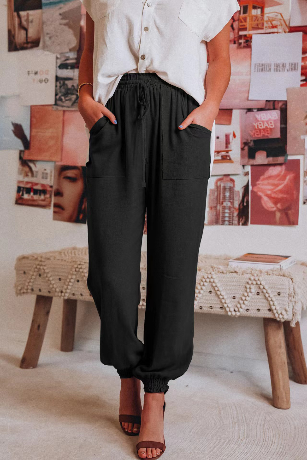 2025 Solid color casual drawstring elasticated waist haren pants