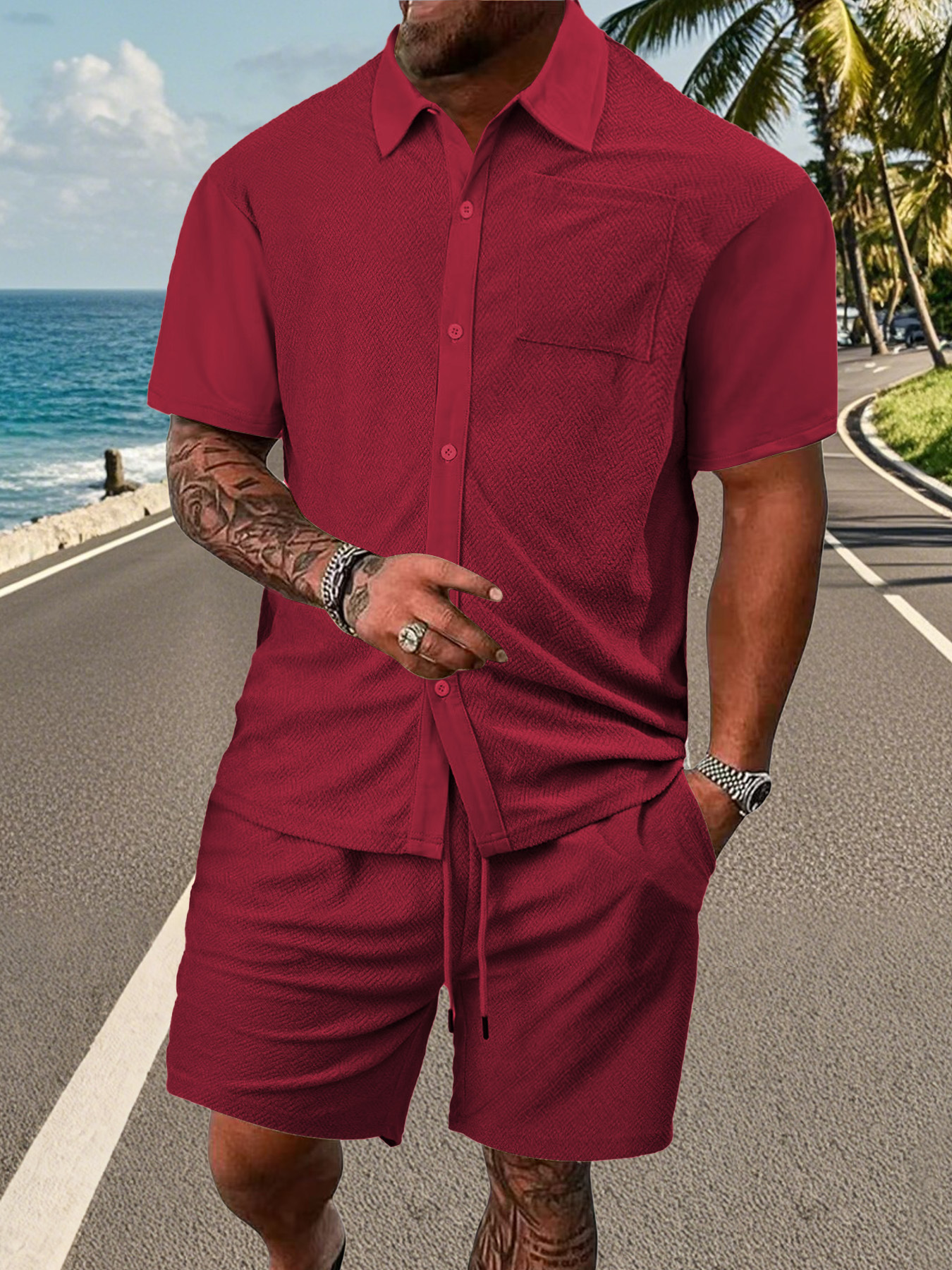 Solid Color Button-Cross Jacquard Short Sleeve Suit