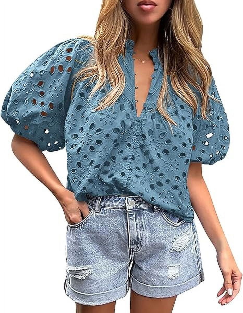 Short Lantern Sleeve Button Hollow Lace Embroidery Shirt