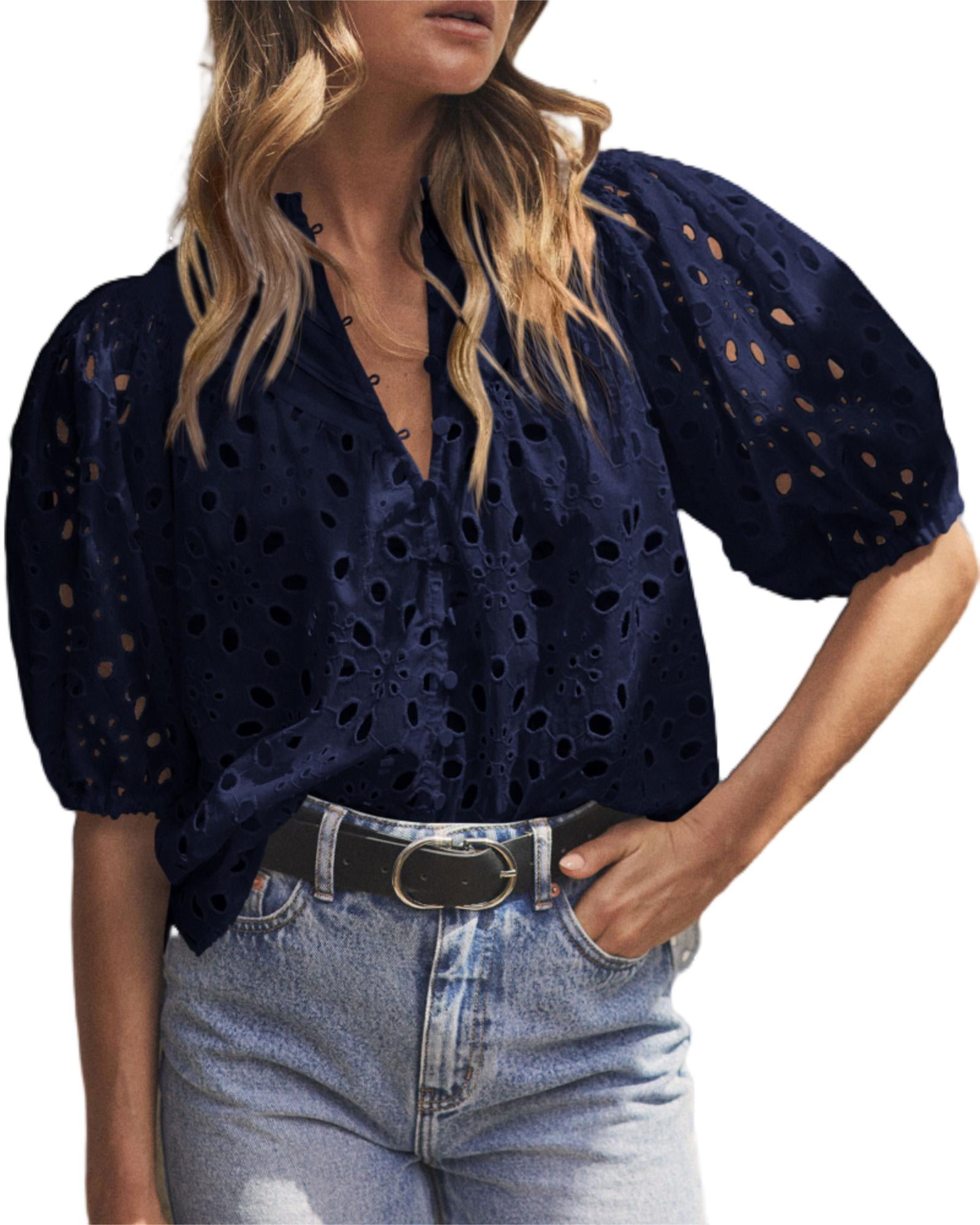 Short Lantern Sleeve Button Hollow Lace Embroidery Shirt