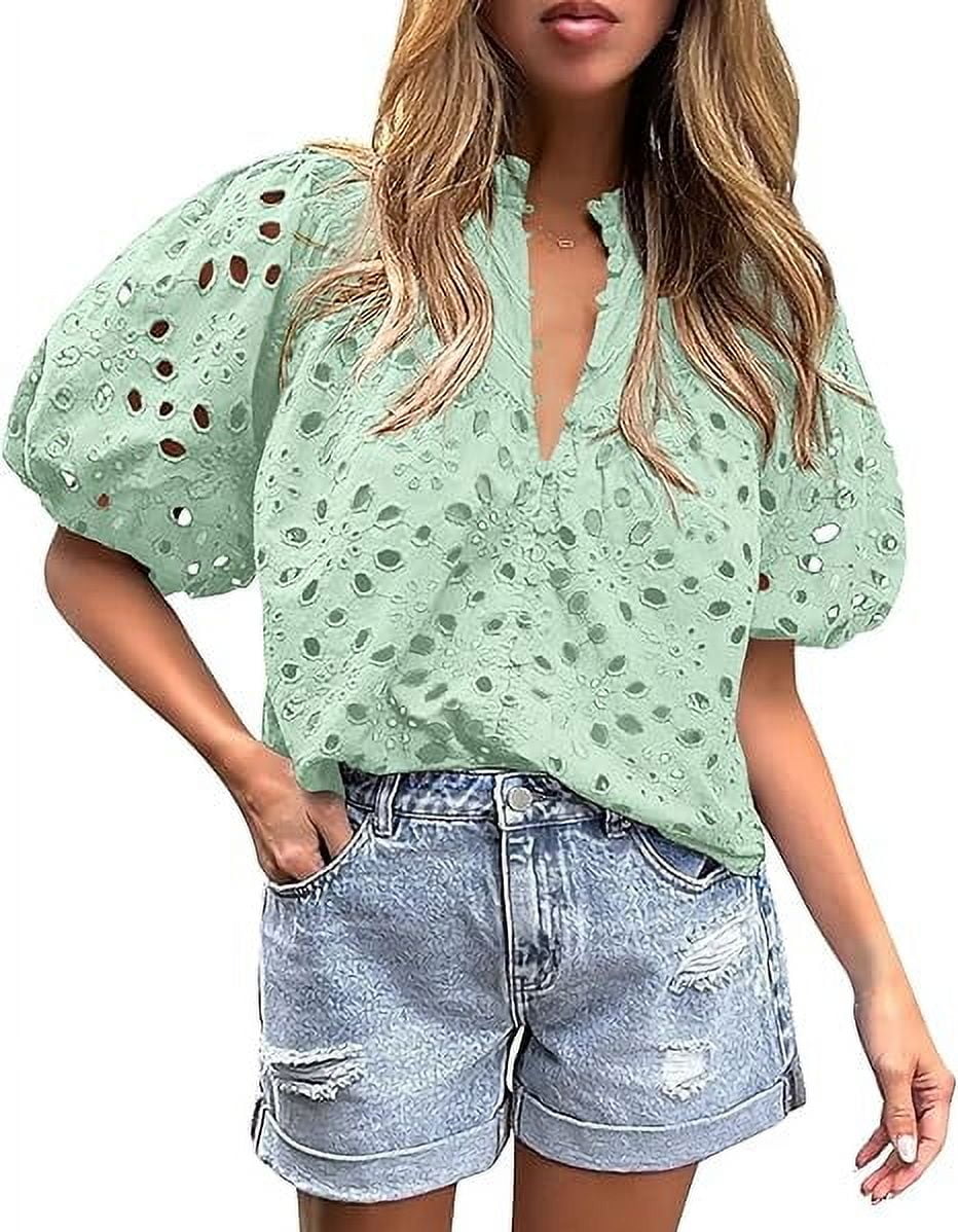 Short Lantern Sleeve Button Hollow Lace Embroidery Shirt