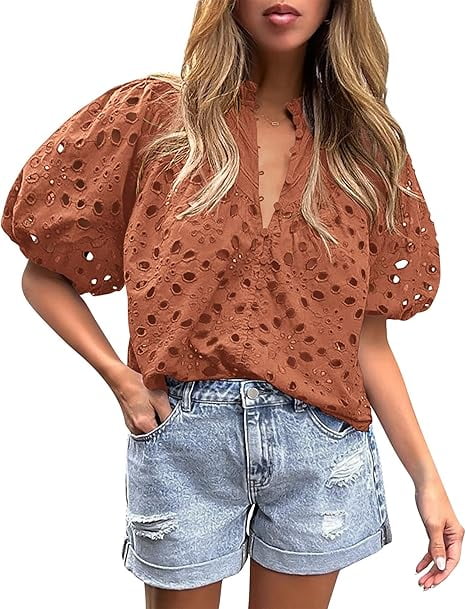 Short Lantern Sleeve Button Hollow Lace Embroidery Shirt