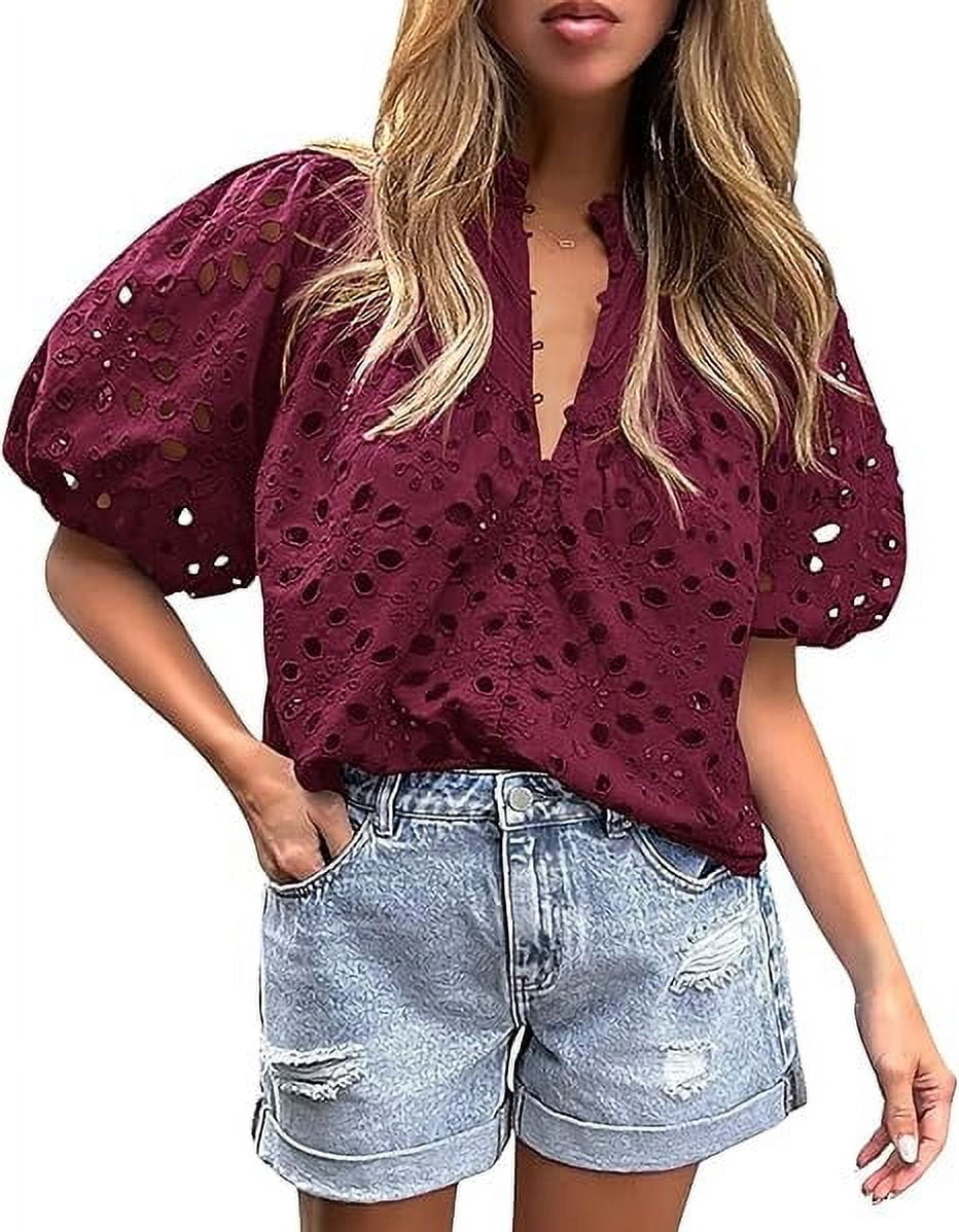 Short Lantern Sleeve Button Hollow Lace Embroidery Shirt