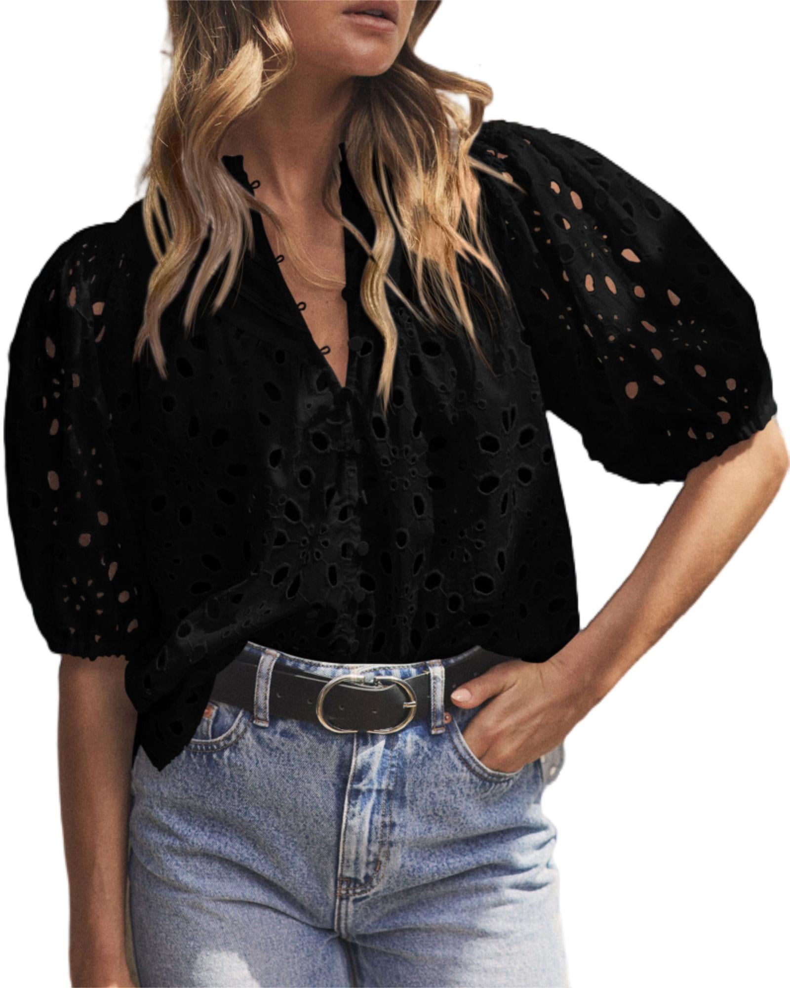 Short Lantern Sleeve Button Hollow Lace Embroidery Shirt