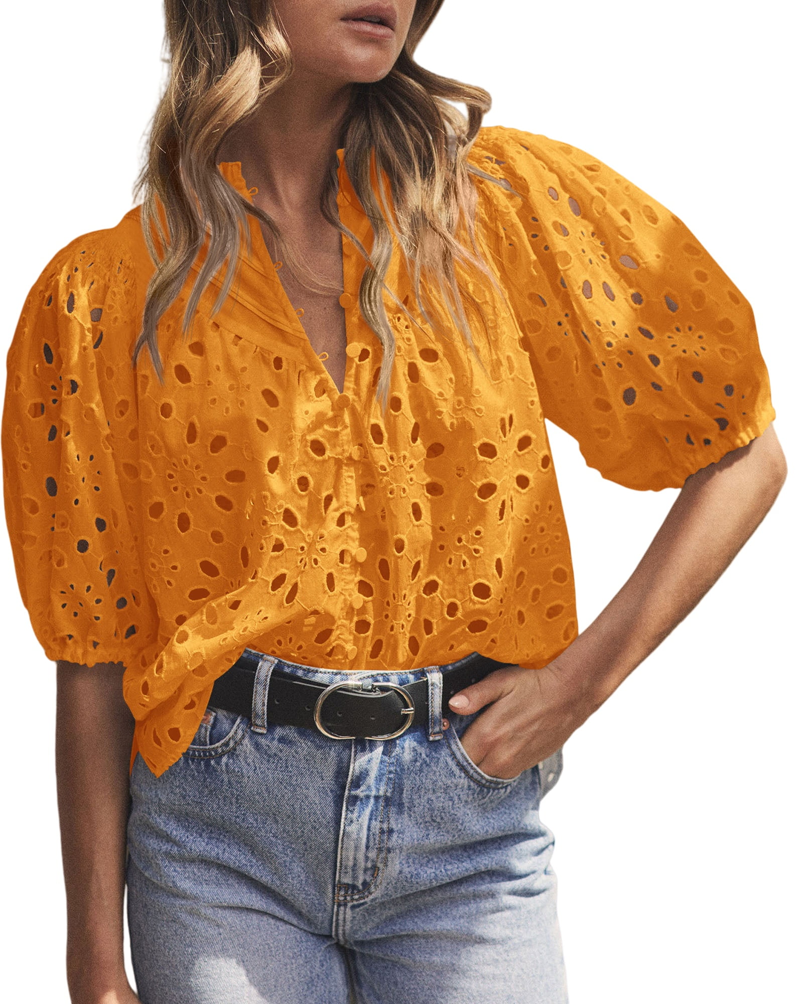 Short Lantern Sleeve Button Hollow Lace Embroidery Shirt