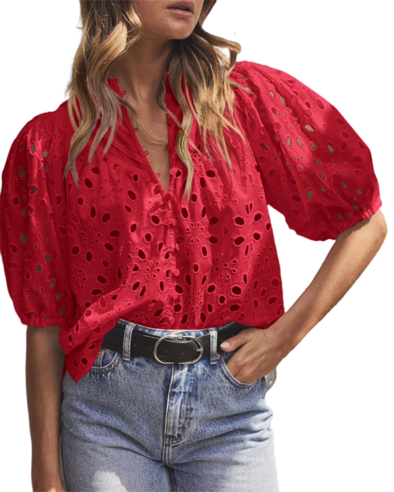 Short Lantern Sleeve Button Hollow Lace Embroidery Shirt