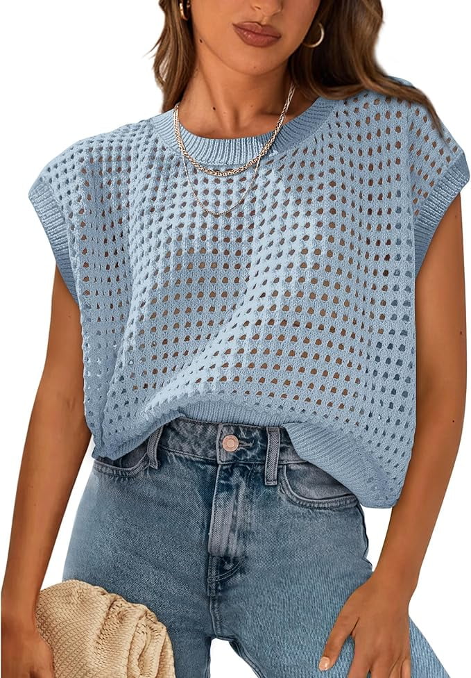 Women's Crochet Sweater Pullover Cute Crew Neck Beach Cover-up