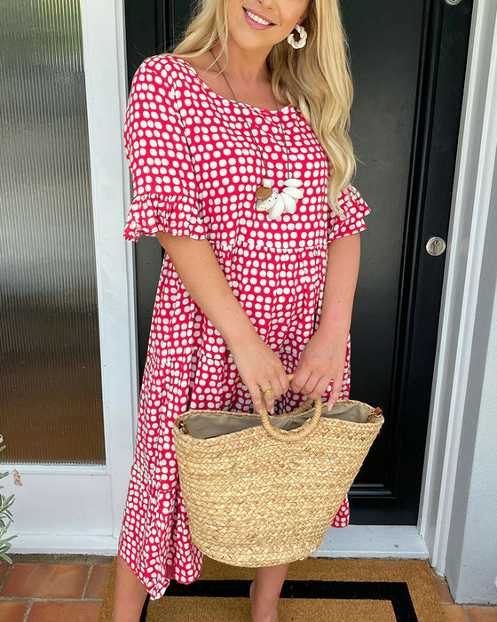 Round Neck Polka Dot Print Midi Dress