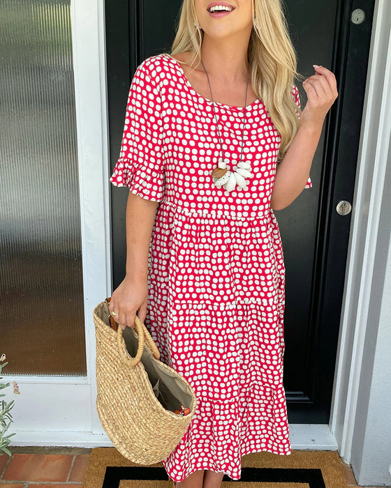 Round Neck Polka Dot Print Midi Dress