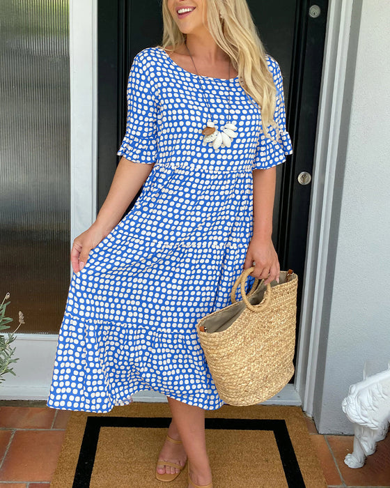 Round Neck Polka Dot Print Midi Dress