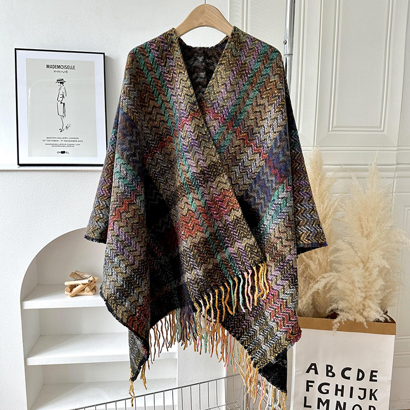 Women's plaid thickened warm sleeve knitted shawl