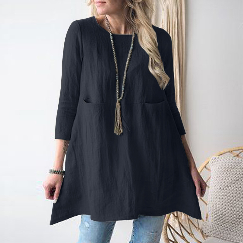 2024 spring and summer new loose round neck three-quarter sleeve cotton and linen dress