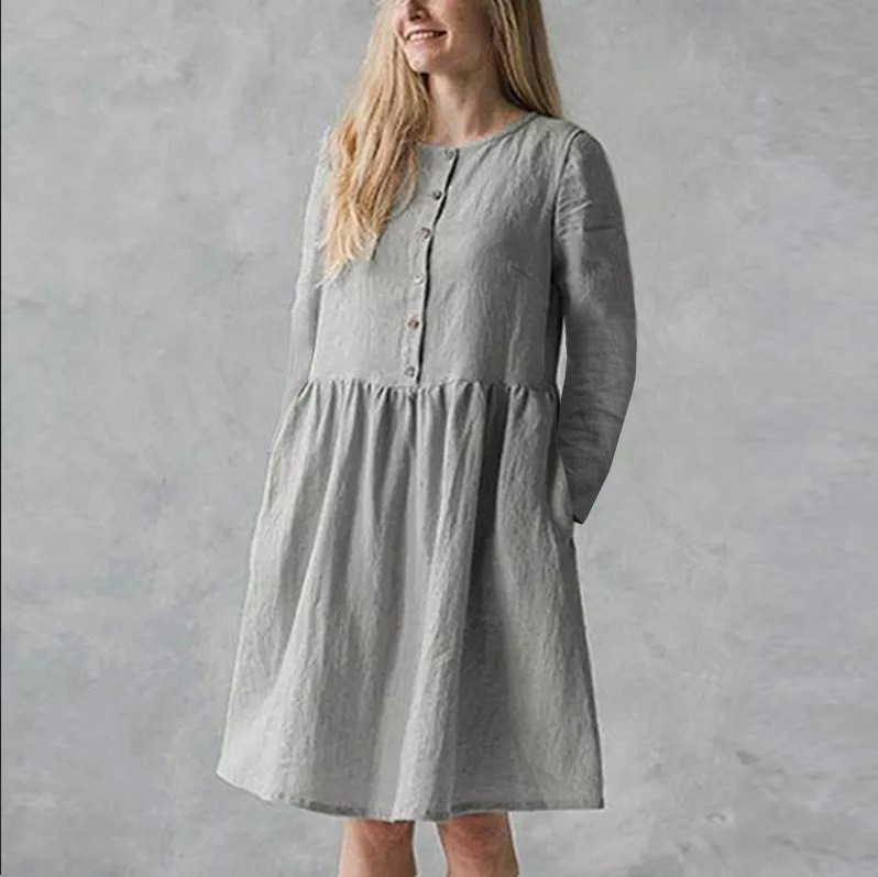 2024 Women's Fashion Casual Round Neck Pocket Button Cotton and Linen Dress