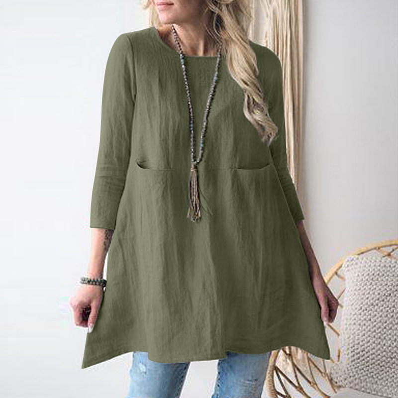 2024 spring and summer new loose round neck three-quarter sleeve cotton and linen dress
