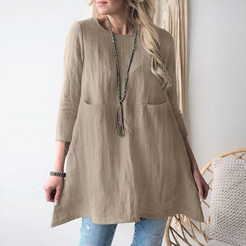 2024 spring and summer new loose round neck three-quarter sleeve cotton and linen dress