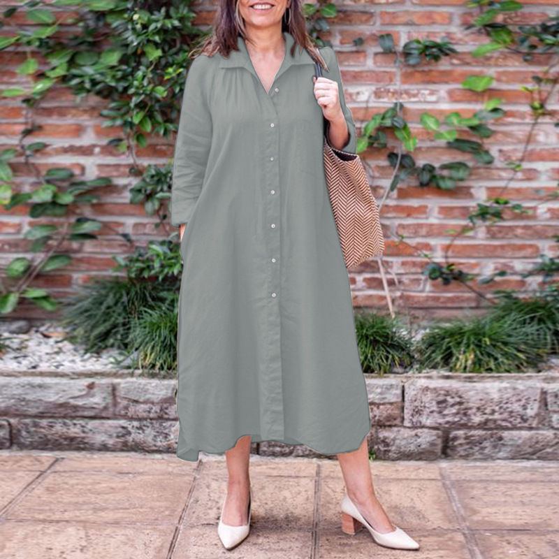 2024 Ladies Shirt Collar Long Sleeve Elegant Simple Loose Cardigan Long Pocket Dress