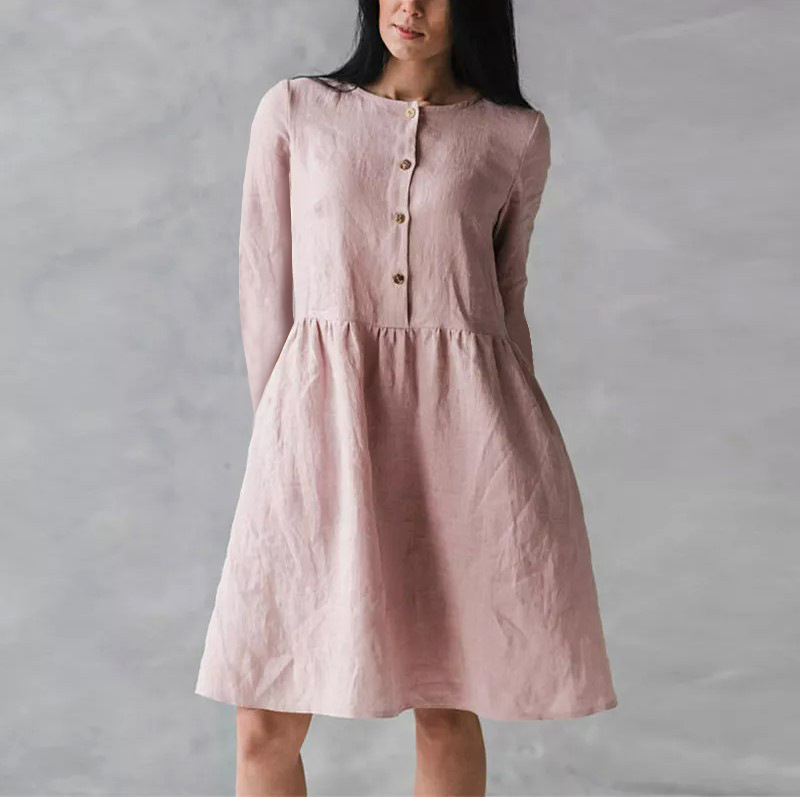 2024 Women's Fashion Casual Round Neck Pocket Button Cotton and Linen Dress