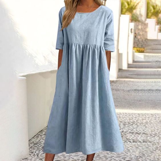 2024 spring and summer new round neck 5-quarter sleeve large size loose long cotton and linen dress