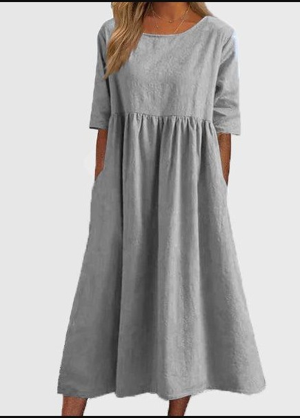 2024 spring and summer new round neck 5-quarter sleeve large size loose long cotton and linen dress