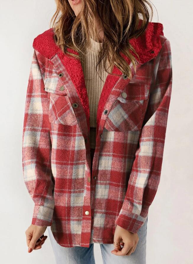 🔥Women's Casual Plaid Flap Pocket Hooded Fleece Teddy Bear Jacket