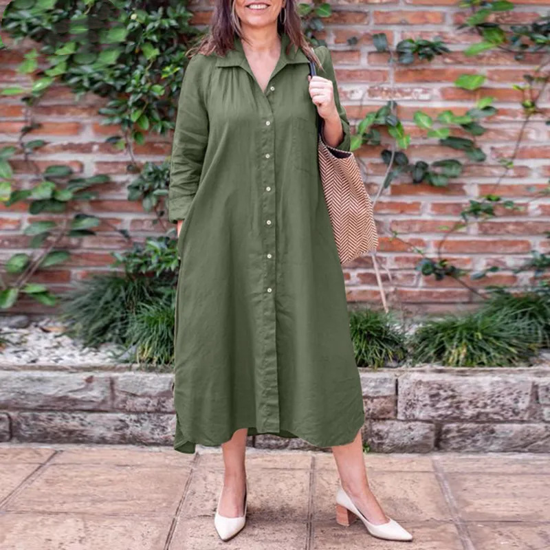 2024 Ladies Shirt Collar Long Sleeve Elegant Simple Loose Cardigan Long Pocket Dress