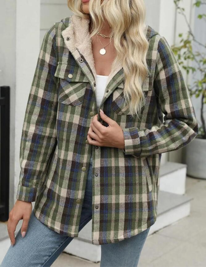 🔥Women's Casual Plaid Flap Pocket Hooded Fleece Teddy Bear Jacket