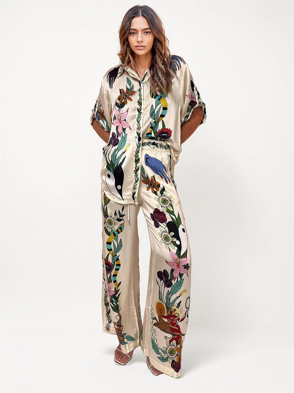 Satin Oversized Pants with Sophisticated Print