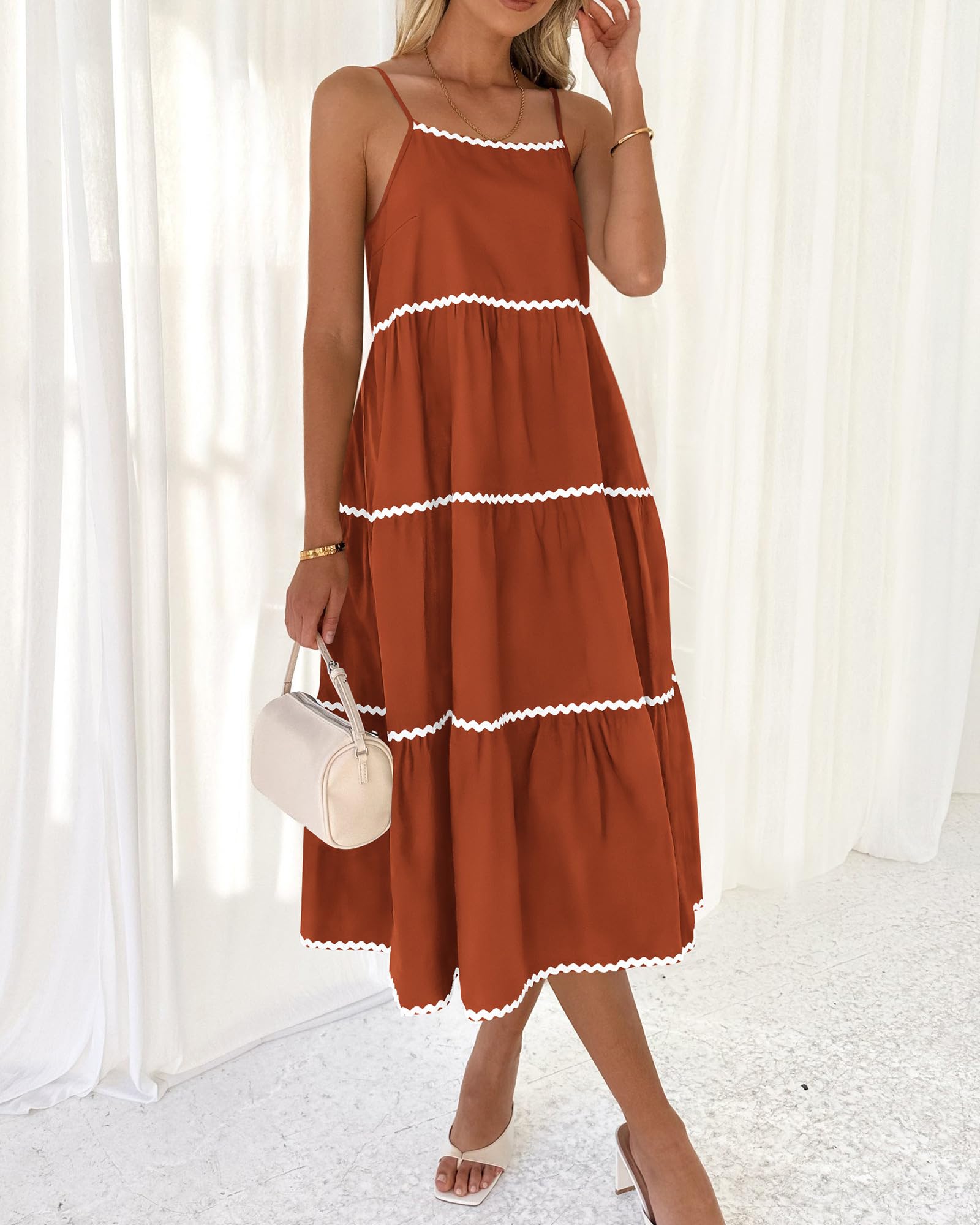 Boho Summer Dresses 2024 Vacation Spaghetti Tiered A-Line Long Casual Swing Sundress
