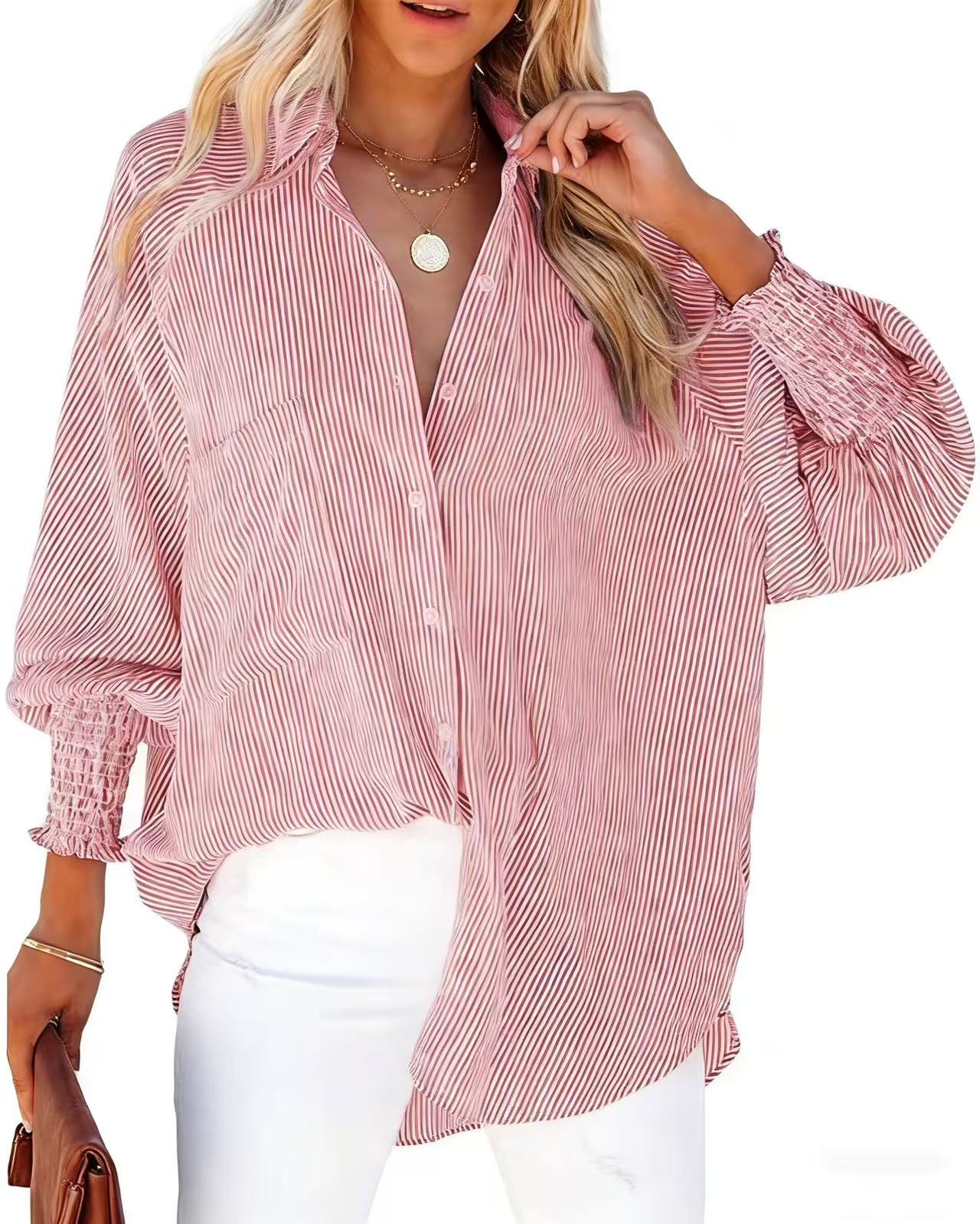 Womens Smocked Cuffed Striped Boyfriend Shirt Casual Collar Long Sleeve Oversized Button Down Blouse Tops with Pocket Shirred
