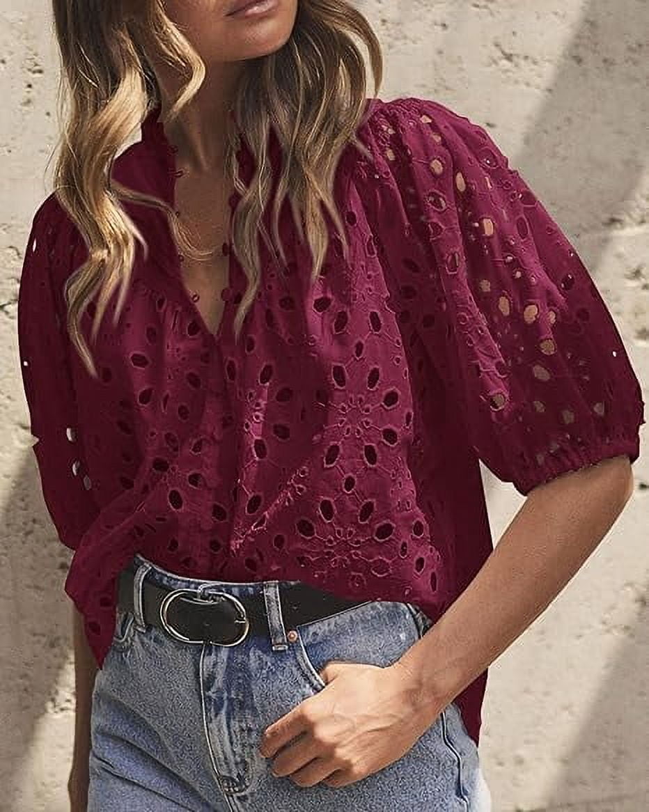 Short Lantern Sleeve Button Hollow Lace Embroidery Shirt