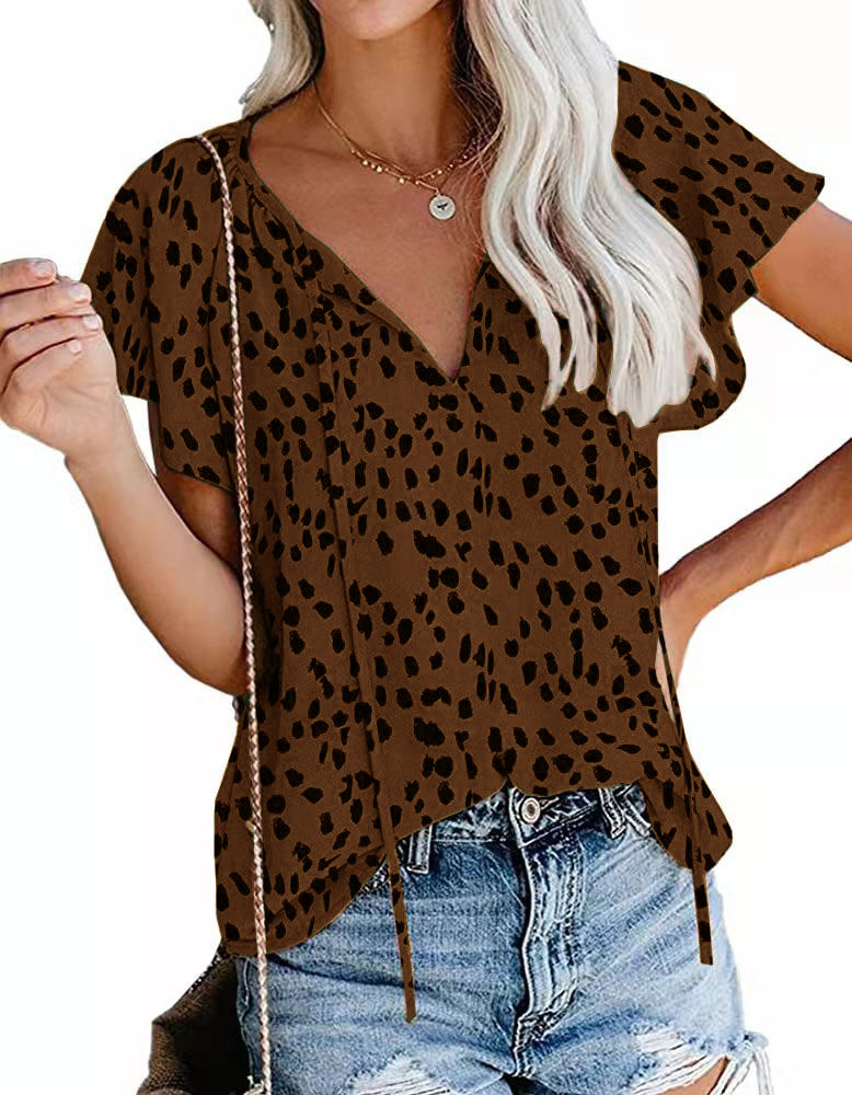 2026 Casual V-neck floral print loose-fitting simple short-sleeved top