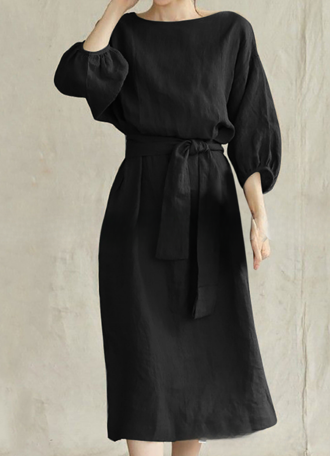 2026 Mid-length Tie-waist Solid Color Round Neck Dress