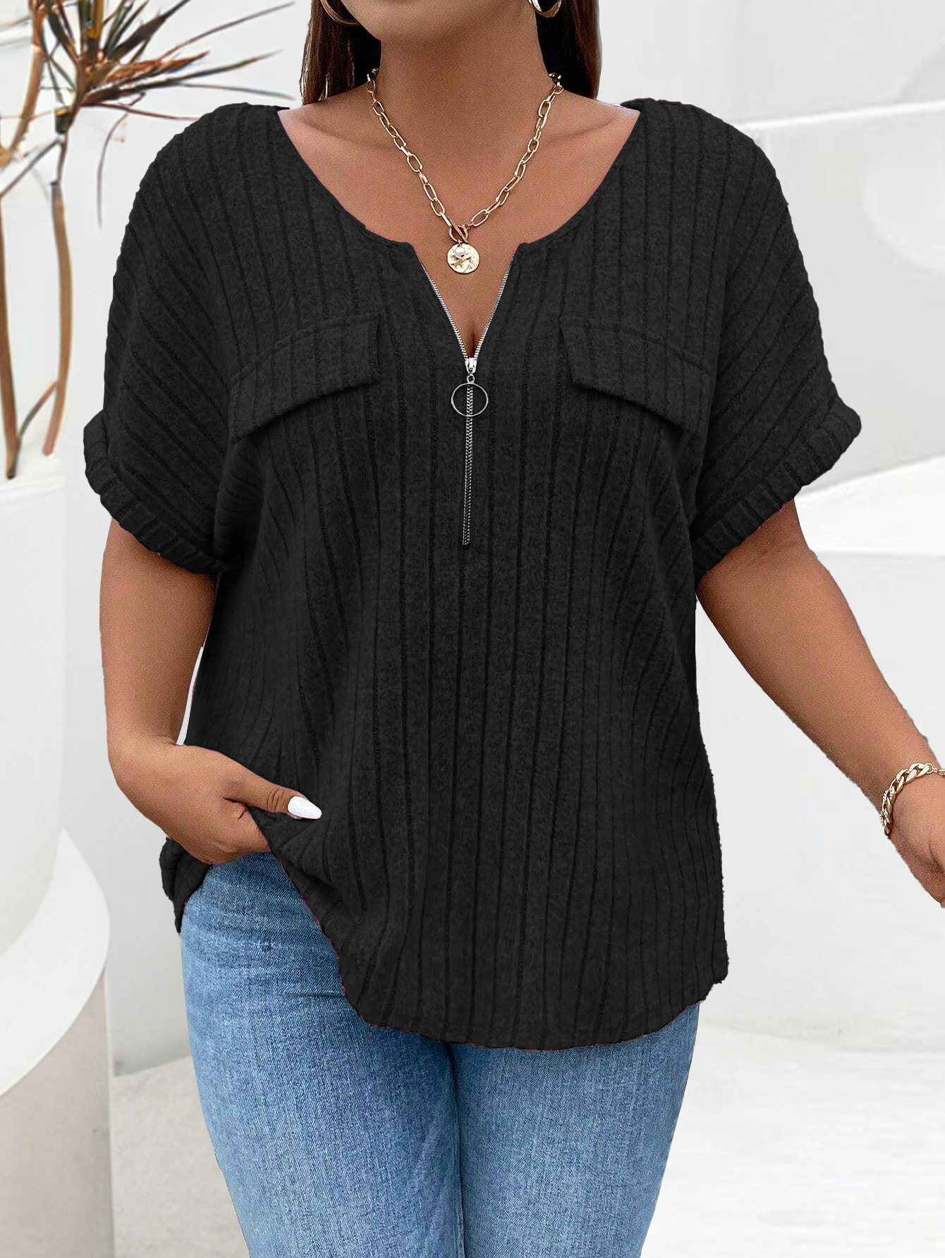 2025 Casual Plain Plus Size T-Shirt Ring Zipper