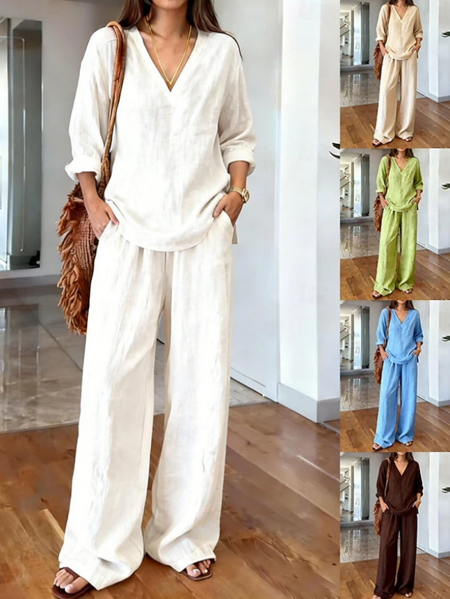 2026 Casual solid color V-neck cotton and linen two-piece set
