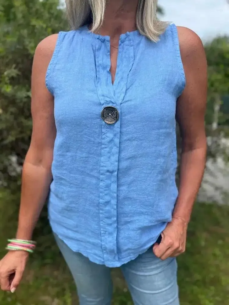 Women's Linen V-Neck Button Top