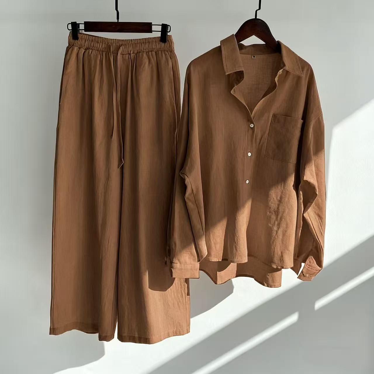 🌸Cotton and linen shirt and high-waisted trousers set