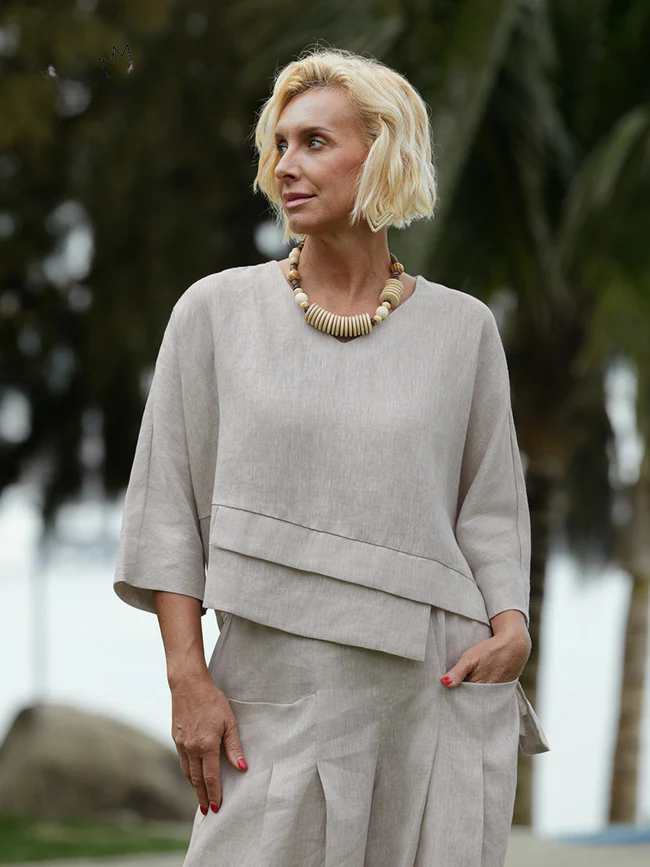 Women's 100% Linen Asymmetric Top and Pats Sets