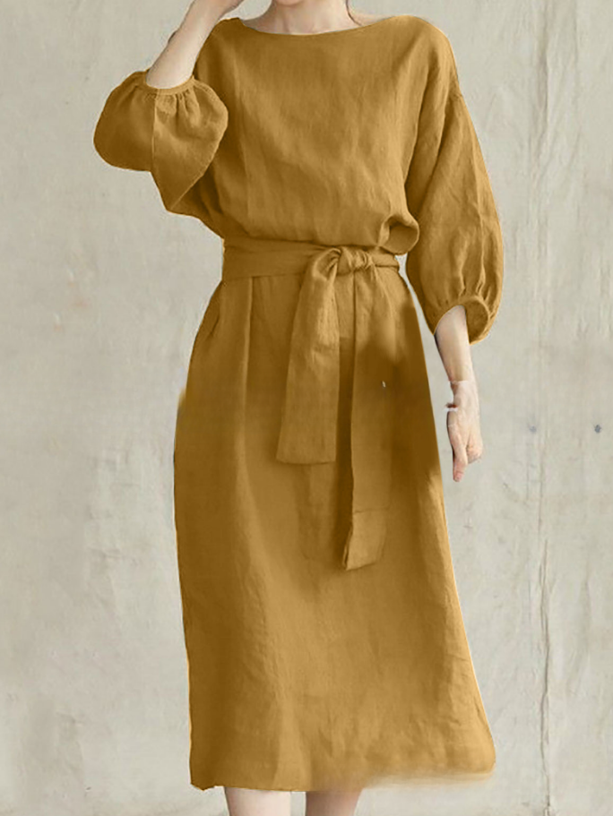 2026 Mid-length Tie-waist Solid Color Round Neck Dress