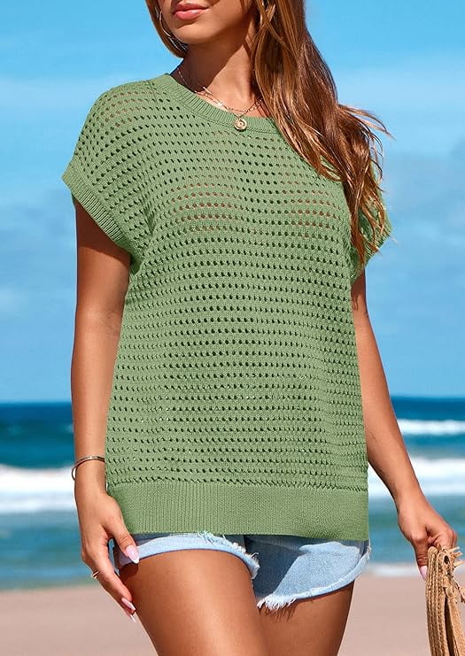 Women's Crochet Sweater Pullover Cute Crew Neck Beach Cover-up