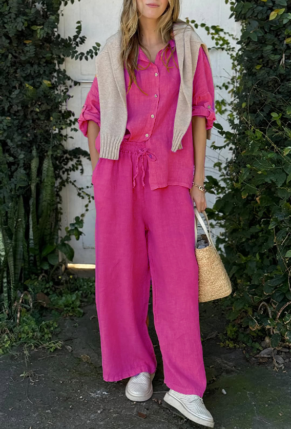 Comfortable Cotton and linen casual solid color 2-piece Set