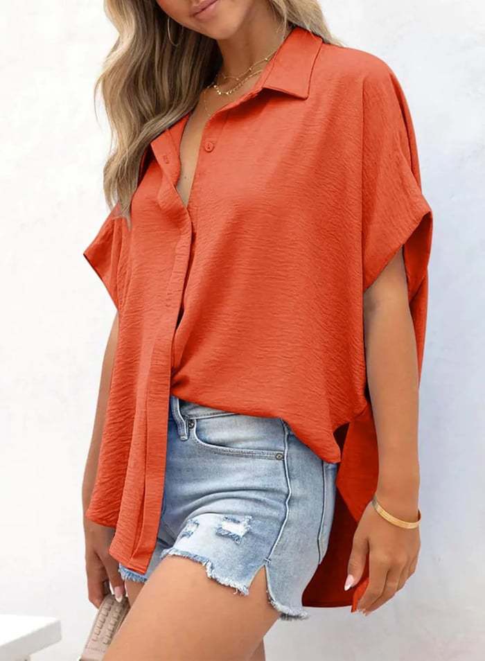 2025 new solid color casual button short-sleeved women's shirt